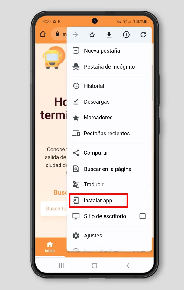 Menú de opciones de Chrome para instalar Estelí Buses