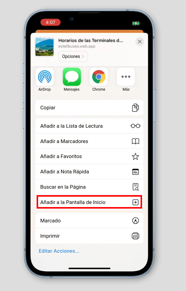 Banner personalizado de instalación de Estelí Buses en iOS